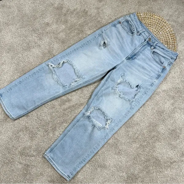 American Eagle Stretch Mom Straight Jeans Distressed Ripped Blue Size 6 Short - Image 2