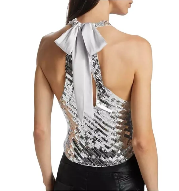 NWT Intimately Free People Disco Fever Sequin Cami Tank in Silver Combo LARGE - Image 3