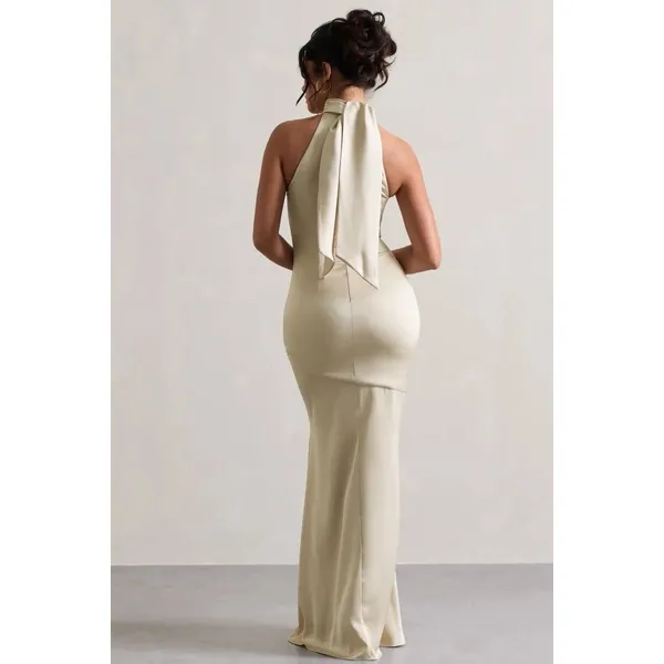 Club L London Adoria Champagne Satin High-Neck Maxi Dress Size 6 - Image 6