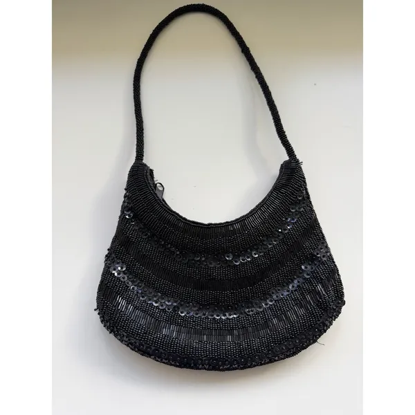 Vintage Cache Black Sequins Mini Crescent Purse Y2K 90s Whimsigoth Formal Witchy - Image 5