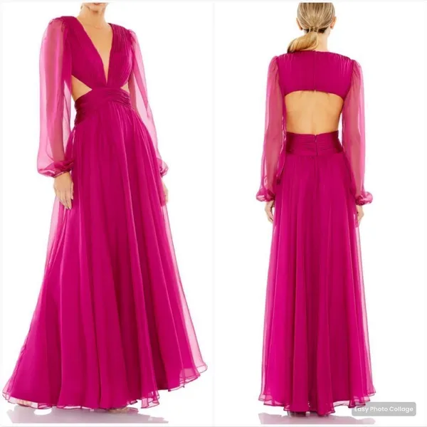 NWT Mac Duggal 55823 RUCHED CUT OUT PUFF SLEEVE A LINE GOWN Berry 12 - Image 2