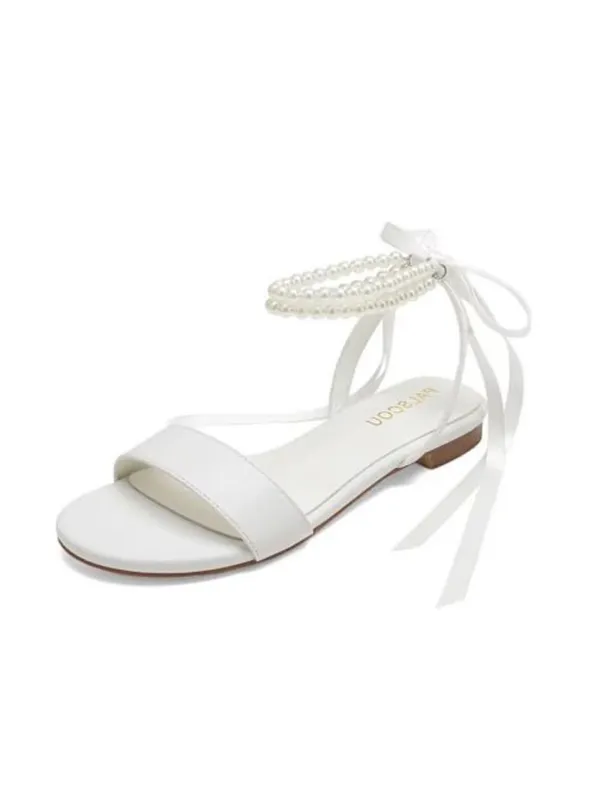 PALSCOU Wedding Shoes for Bride Flat Sandals Open Toe Pearl Bridal Shoes size 6 - Image 2