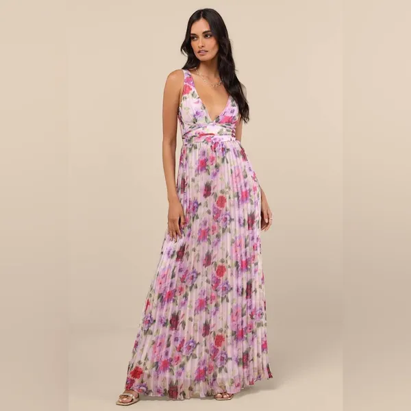 LULU’S Morgana Pink Multi Floral Satin Pleated Maxi Dress - Image 5