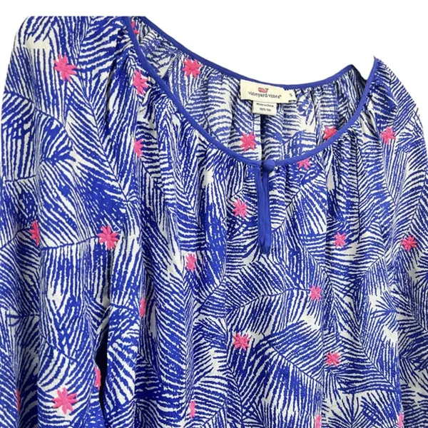 Vineyard Vines Silk Blouse Top Blue Pink Palm Print Long‎ Sleeve S Embroidered - Image 5
