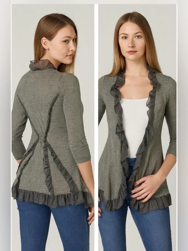 Guinevere Anthropologie Olive Green Striped Ruffle Open Front Cardigan Sz S - Image 2