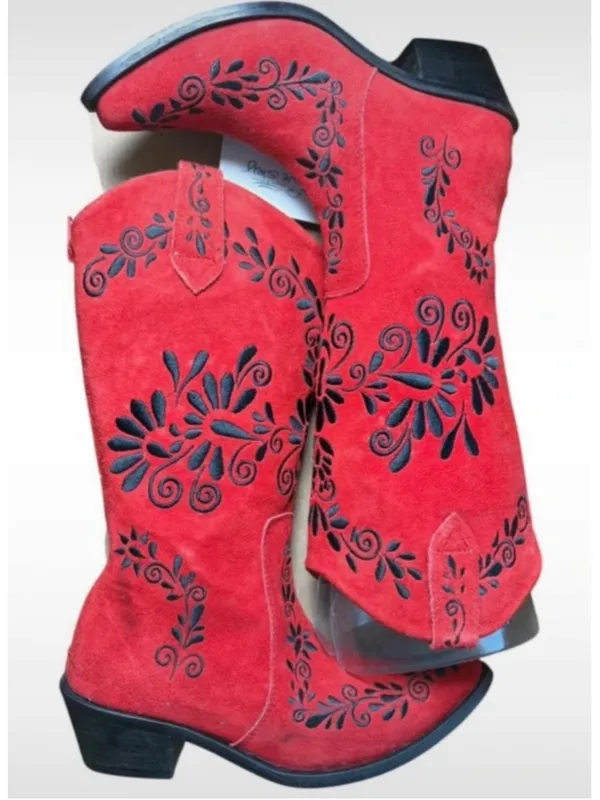 RARE Agave Sky Red Suede Embroidered Floral Western Cowgirl Boots Sz 6 Charro! - Image 2