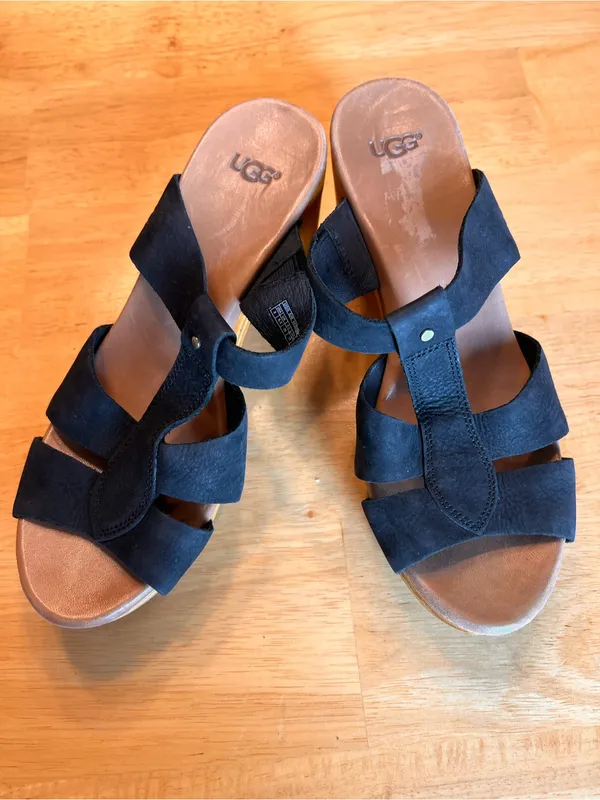 UGG Black Suede Studded Wood Block Heel Sandals - Image 16