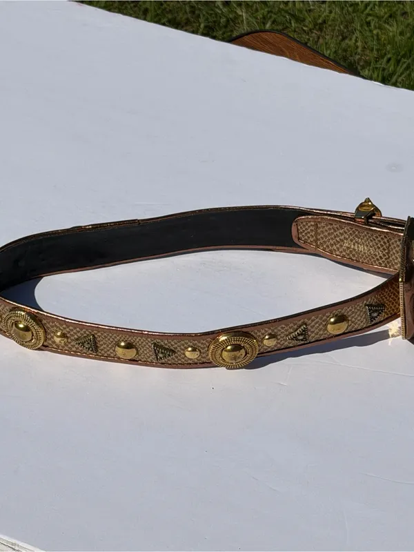 Vintage Western Snakeskin Print Studded Belt Bronze Gold Boho Size M - Image 4