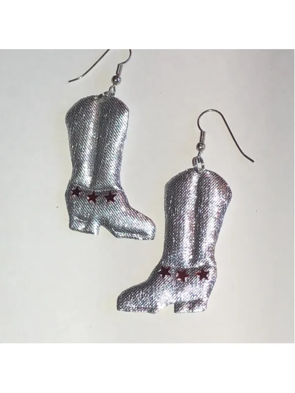 Silver Tone Fabric Cowboy Boot Earrings with Red Stars - Image 2