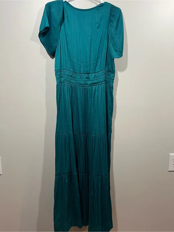 Anthropologie The Somerset Teal V-Neck Tiered Maxi Dress Medium - Image 9