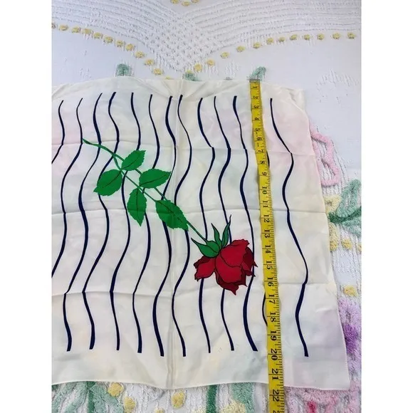 Christian Dior Vintage Silk Scarf Red Rose Navy Wavy Stripe Cream Made in France - Image 7