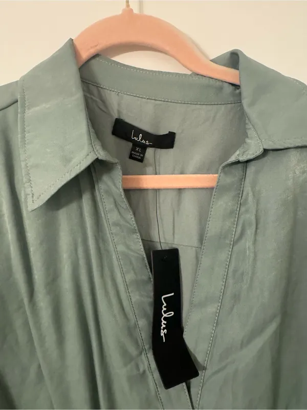 NWT Lulus Pleasant Darling Sage Green Short Sleeve Button-Up Mini Dress Size XL - Image 6