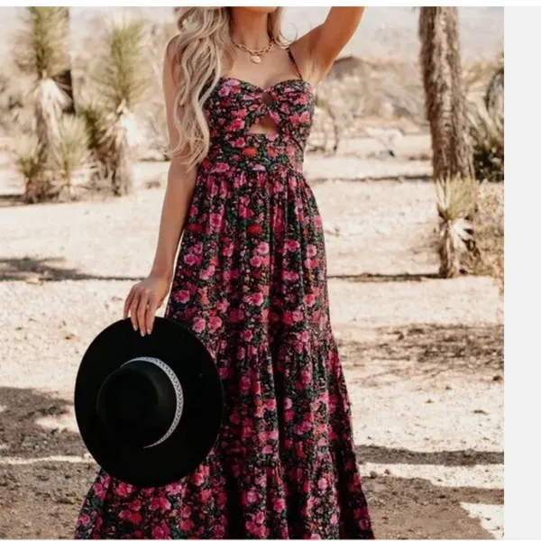 NWOT Fore Floral Tiered Boho Maxi Dress Cut Out Large Cotton Cotagecore - Image 6