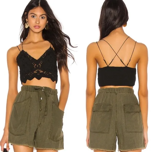 Free People Black Crochet Lace Strappy Crop Bralette Top Cami - Image 2