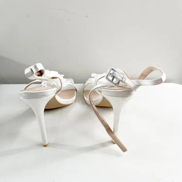 Lulus Aerianna Satin Floral Rosette Ankle Strap Square Toe Sandals White 8 - Image 9