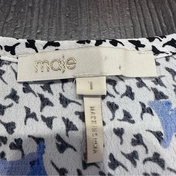 MAJE Blouse Lensam Printed Henley V-neck Short Puff Shoulder White Size 1‎ Small - Image 6