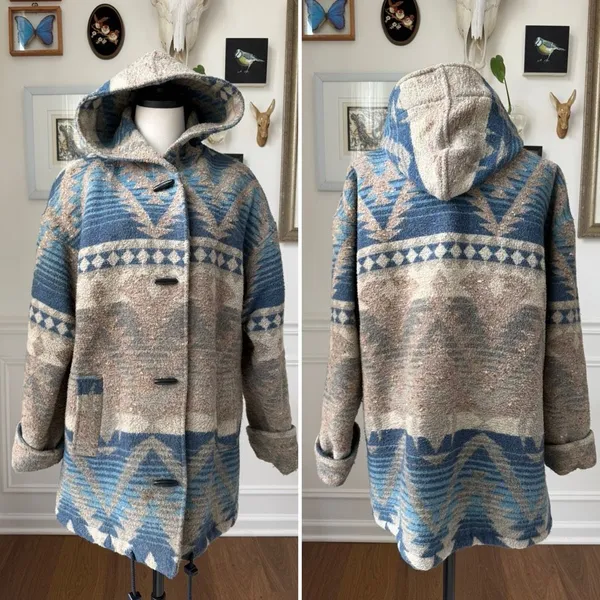 Vintage Braetan Southwestern Navajo Blanket Print Wool Blend Hooded Duffle Coat - Image 2