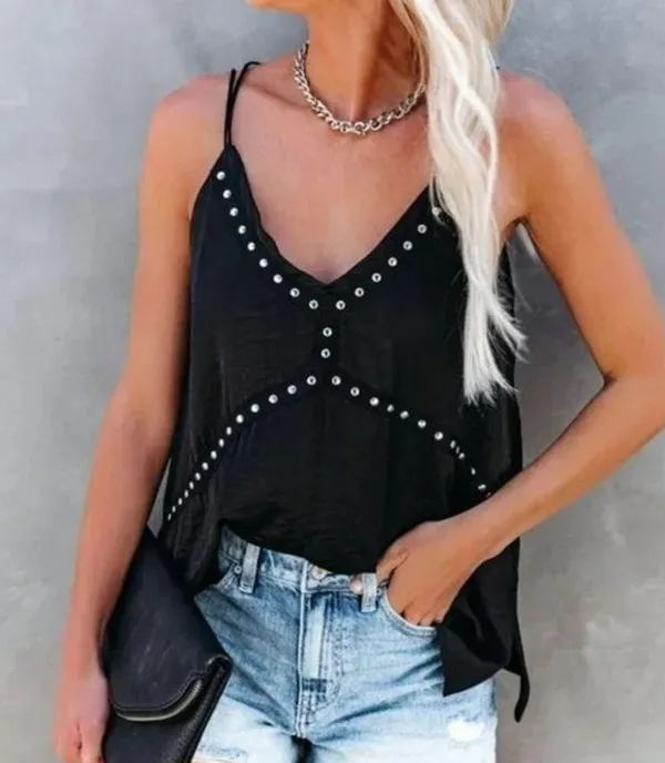 VICI | Medium | Black Satin Groupie Studded Embellished Strappy Tank Camisole - Image 2