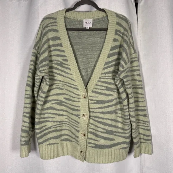 Le Lis Sage Green and Light Gray Striped Open Cardigan - Image 2