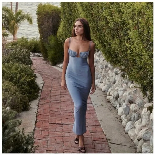Montce Swim X Olivia Culpo Dark Denim Petal Long Slip Dress Size Medium - Image 3