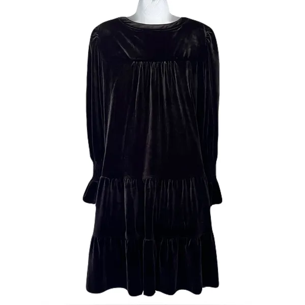 Pomander Place Black Velvet ‘Kenzo’ V Neck Tiered Long Sleeve Dress, Size XL - Image 10