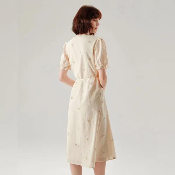 Rihoas Beige Embroidery Puffed Sleeve Wrap Midi Dress - Image 6