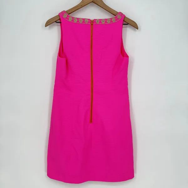Lilly Pulitzer Gabby Shift Dress Pink Cotton Floral Split Neck Back Zip Womens 2 - Image 7