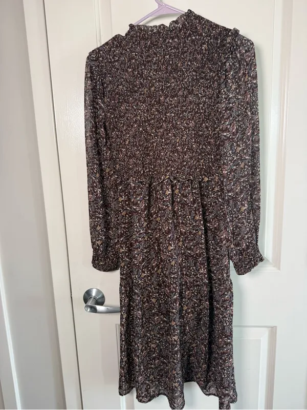 Smocked High-Neck Brown Floral Midi Dress with Long Sleeves - Image 4