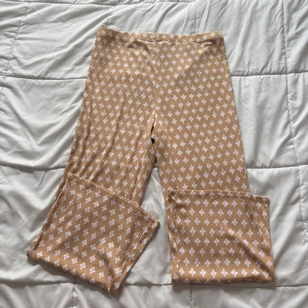 Aerie Ribbed Pajama Pants XL Tan White Diamond Print Wide Leg Lounge Bottoms - Image 6