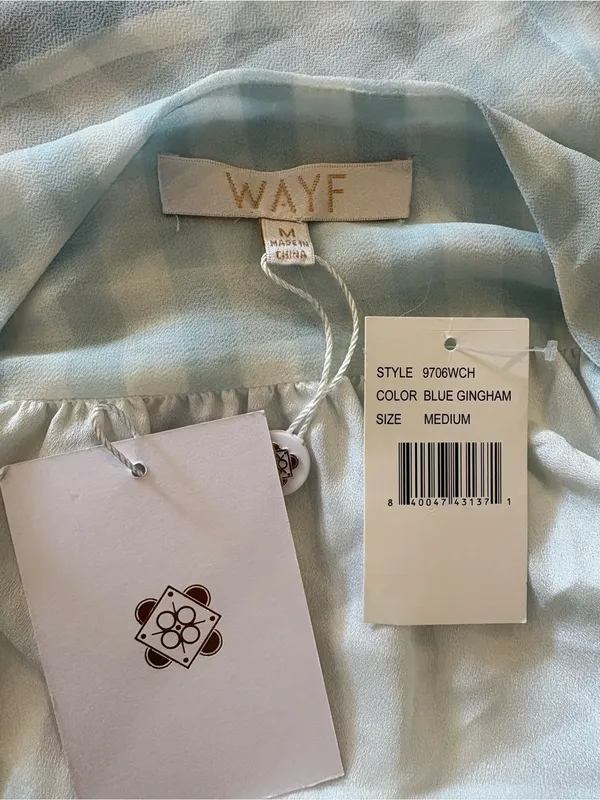 WAYF Blue White Gingham Wrap Ruffle Hi Low Midi Dress NWT M Cottagecore - Image 11