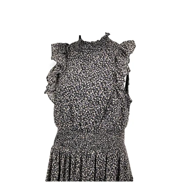 Lulus Evalina Black Floral Midi Dress XL Mock Neck Smocked‎ Waist Fairy Goth - Image 3