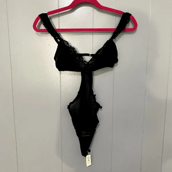 NEW Free People HAH Noir Black Key to UR Heart Mesh Lace Ruffle Boho Bodysuit XS - Image 3