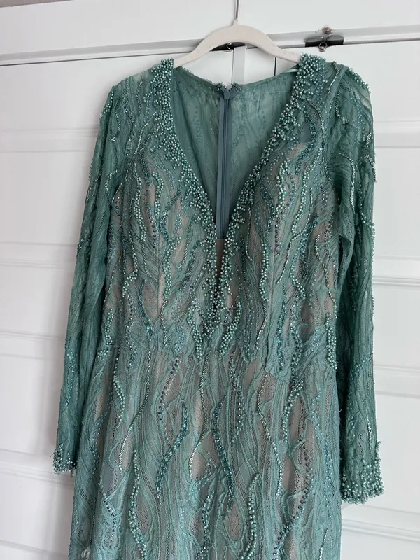 Mac Duggal 79291 Beaded Illusion Long Sleeve Plunge Neck Gown NWT 10‎ Sage - Image 5