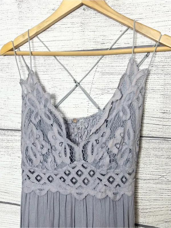 Free People Adella Crochet Lace Maxi Slip Dress in Light Gray Size Medium - Image 4