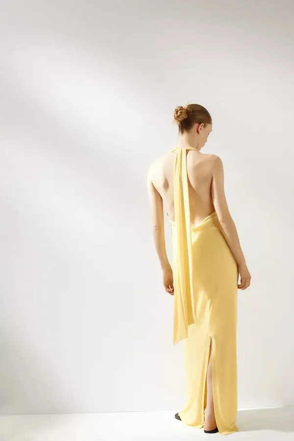 Zara Butter Yellow Halter Maxi Dress with Plunging Neckline Scarf Wedding Party - Image 12