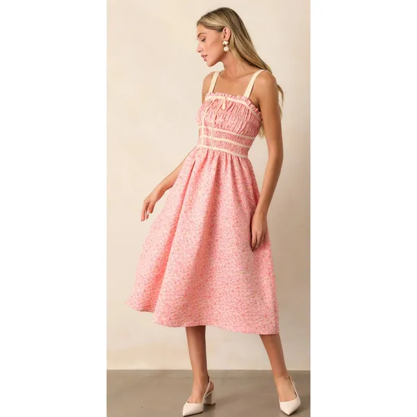Entro Always A Romantic Coral Floral Jacquard Midi Dress Pockets Size Large‎ - Image 2