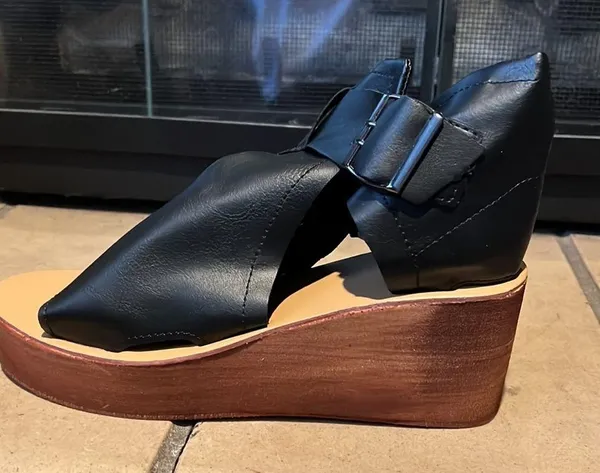 Black Wedge Pleather Sandals Size 7 - Image 4