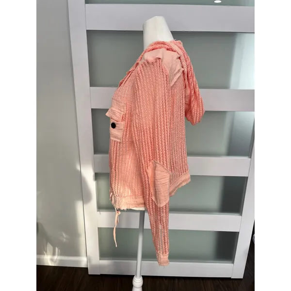 Open Knit Button Down Hooded Shirt Coral Pink‎ Mesh Drawstring Top XL - Image 6