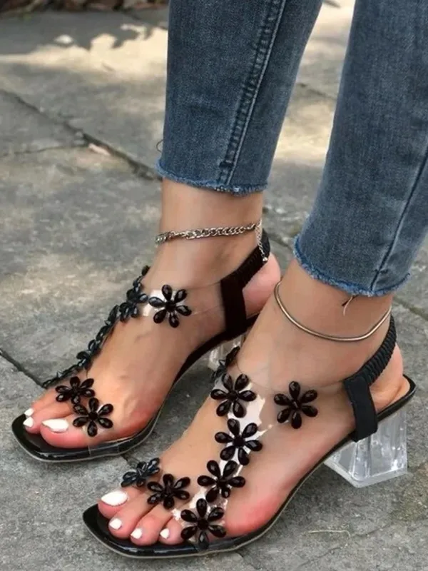 Black Floral Embellished Clear Block Heel Sandals - Image 3