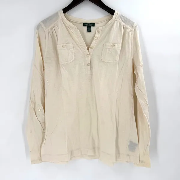 Lauren Ralph‎ Lauren Henley Top Women M Cream Roll Tab Sleeve Coastal Minimalist - Image 3