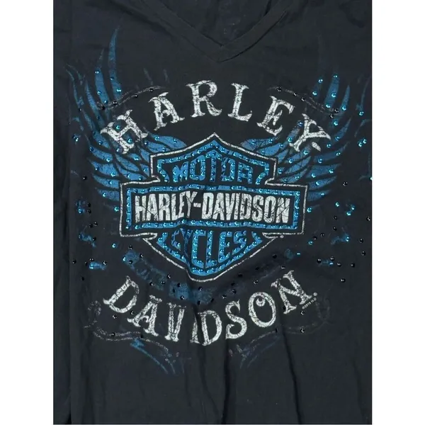 Harley Davidson Sequin Black and Blue VNeck Short Sleeve Tee Shirt Women’s Large - Image 2