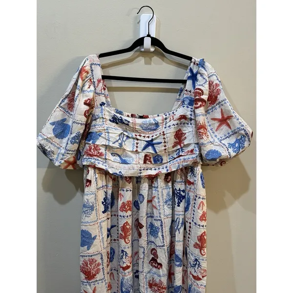 Nobody's Child Nova Print Puff Sleeve Maxi Dress Nautical Linen‎ Beach Shells - Image 6