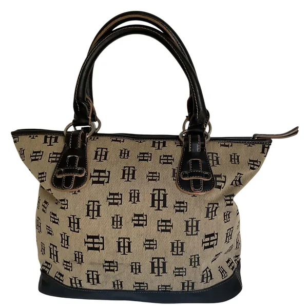 Copied - Tommy Hilfiger Y2K Monogram Tote Bag Black Beige Canvas Vintage - Image 2