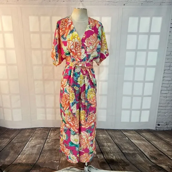 Farm Rio Anthropologie Eulalie pink floral Wide-Leg Jumpsuit size XS - Image 4
