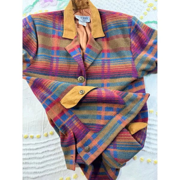 Eagle River Traders Multi Color Plaid Wool Blend Blazer Jacket Suede Trim BR 500 - Image 9