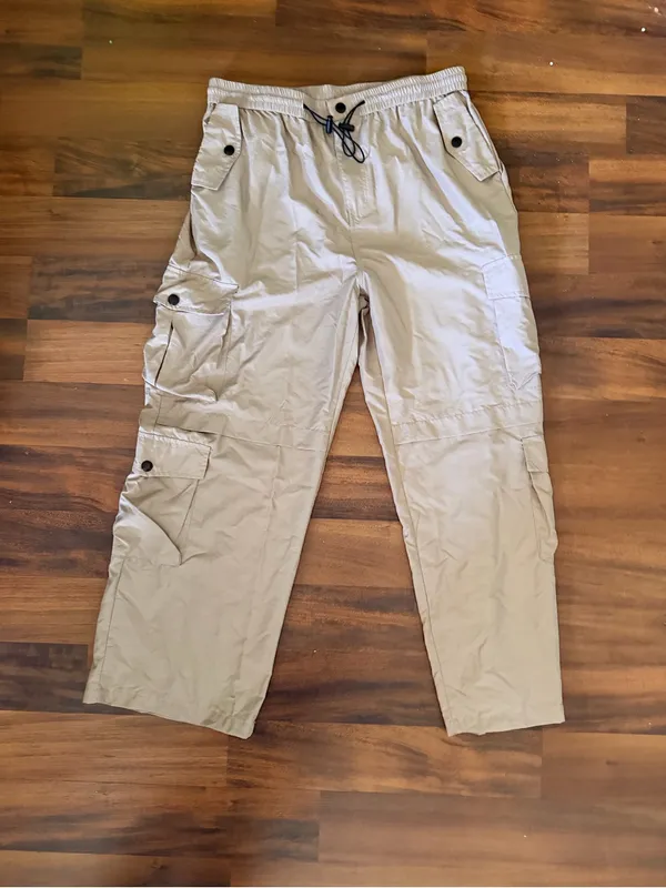SHEIN Women's Khaki Cargo Utility Pants Elastic Drawstring Waist Wide Leg - Image 3