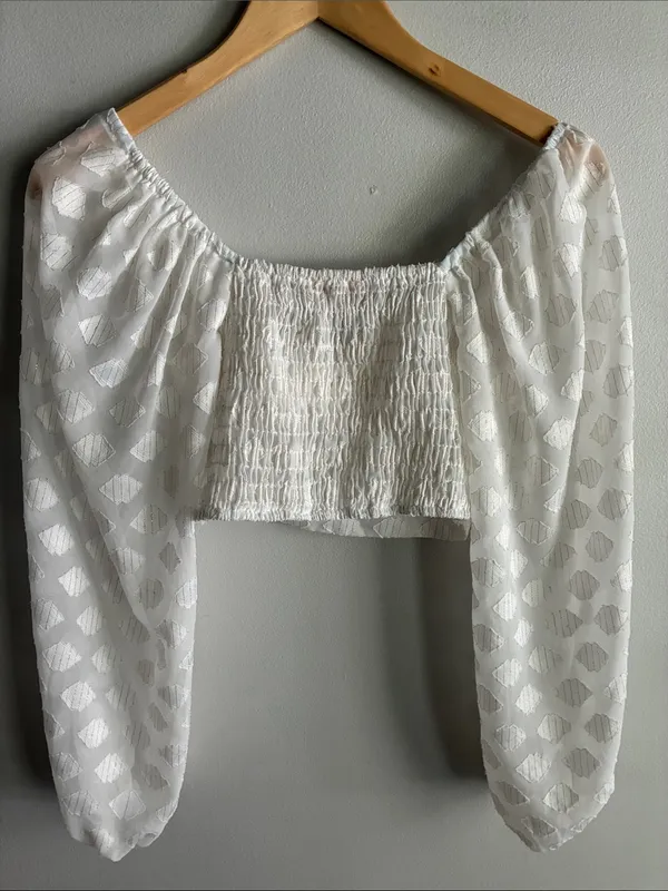 Evolutionary White Swiss Dot Twist Front Crop Top Balloon Sleeve Boho Size S - Image 6