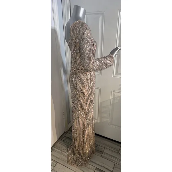 MAC DUGGAL 4982 EMBELLISHED ONE SLEEVE W/ SEQUIN BELT ROSE GOLD GOWN sz 8 - Image 14