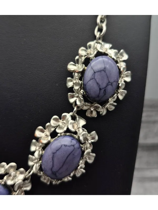 Silver-Tone Necklace W/ Purple Marble Stones & Floral Accents 21" Chain Length - Image 6