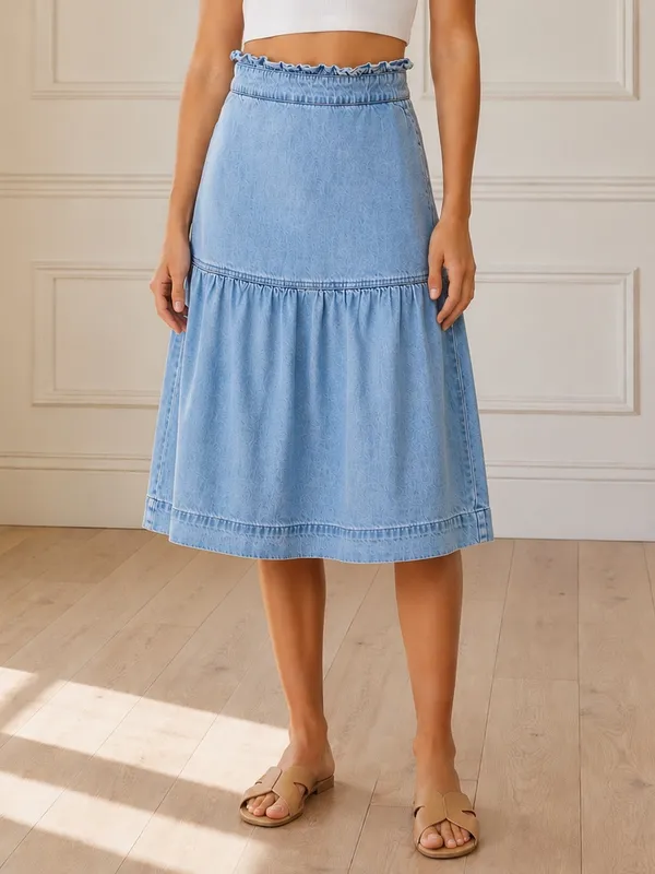 Madewell Pull On Denim Midi Skirt Size XS Normandie Wash Ruffle Waist Pockets - Image 9